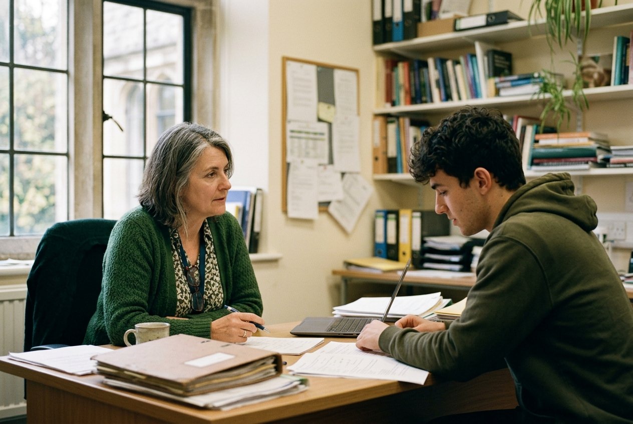 An academic advisor discussing university admission options with a student across a desk