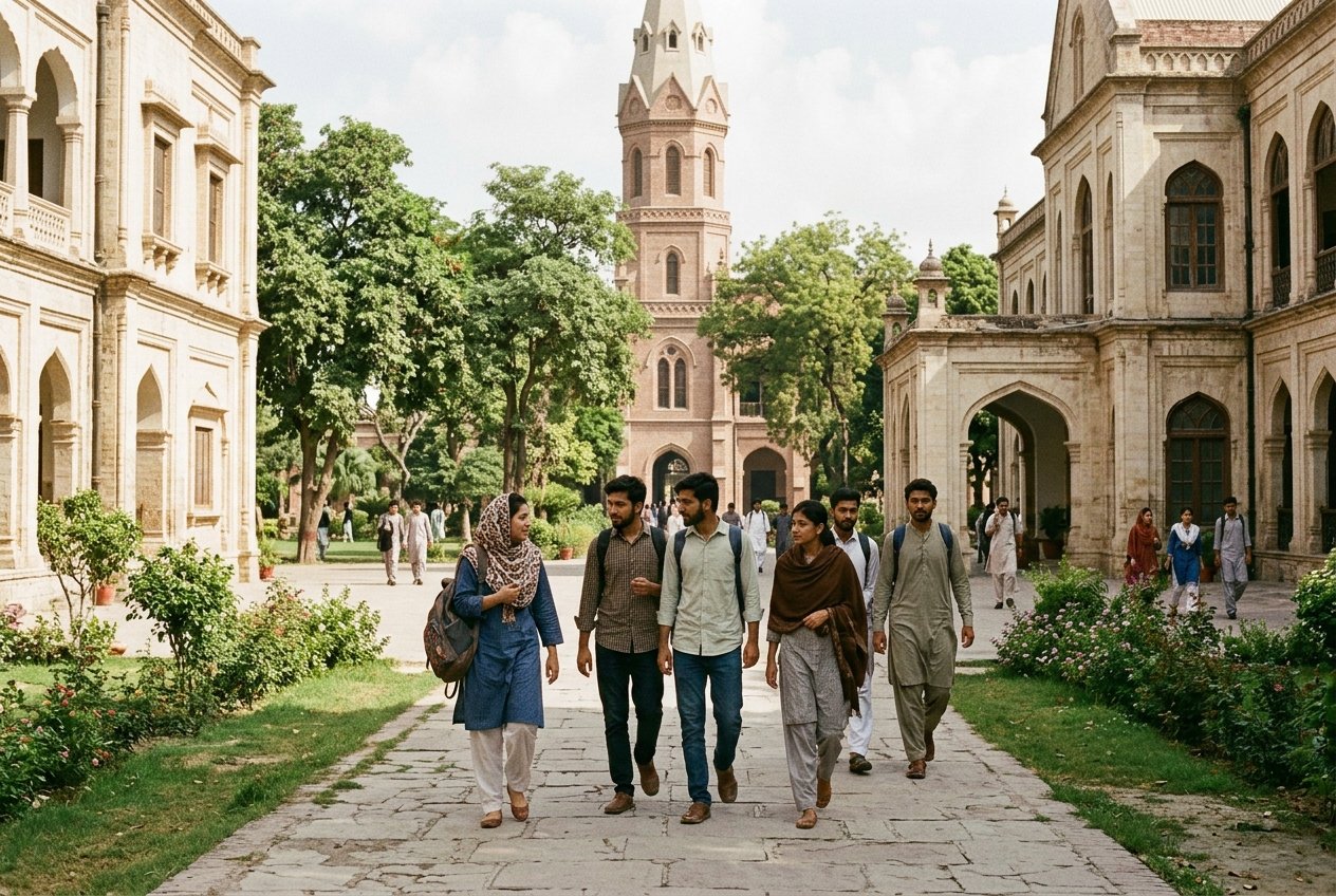 Students walking across a university campus courtyard in warm daylight